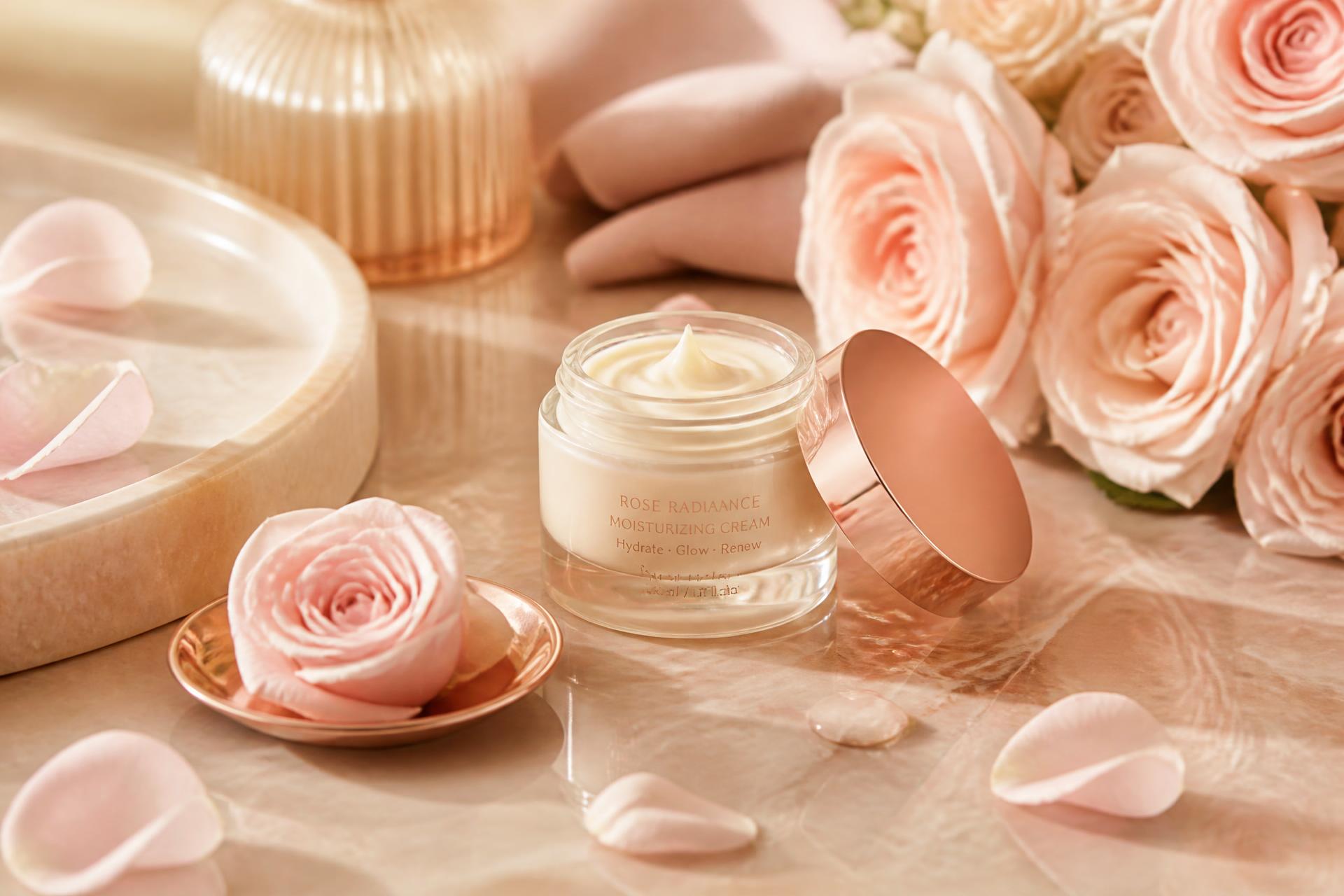 Pétalas de rosa e mármore nude sob luz suave de manhã